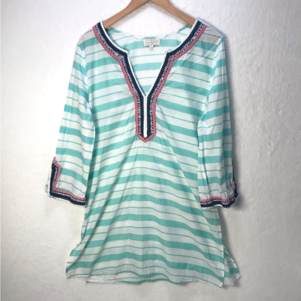 Mud Pie Striped Beach Pool Coverup Tunic Embellished Cotton Large